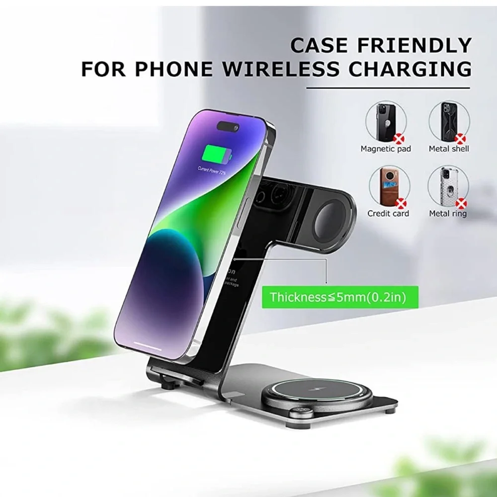 3 in 1 Wireless Charging Station for Multiple Devices, Aluminum Alloy -Black